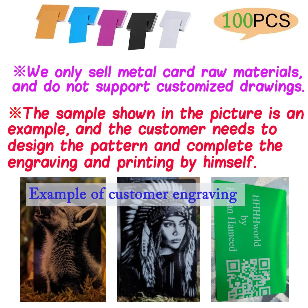 100Pcs/Set Colorful Aluminum Alloy Business Card 0.2mm Thickness Multi-Color Laser CNC Cards Laser Engraving Business Art Crafts