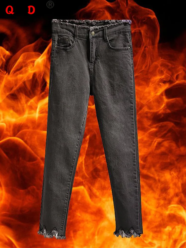 

Winter Straight Denim Pants Warm Plush Vaqueros Strench High Waist Hose Skinny Bigsize 70kg Thicken Pencil Jeans Addvelvet Lined