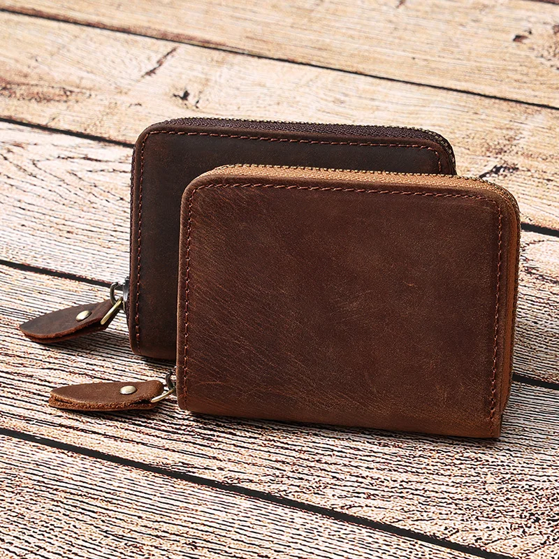Men Genuine Leather Credit Card Holder Fashion Zipper ID Credit Card Holder Blocking Wallets With RFID