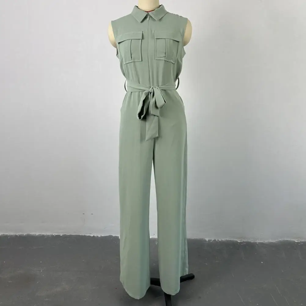Solid Color Lace-up Jumpsuit Elegant Wide Leg Jumpsuit with Front Zipper Closure Belted High Waist Formal Business for Women