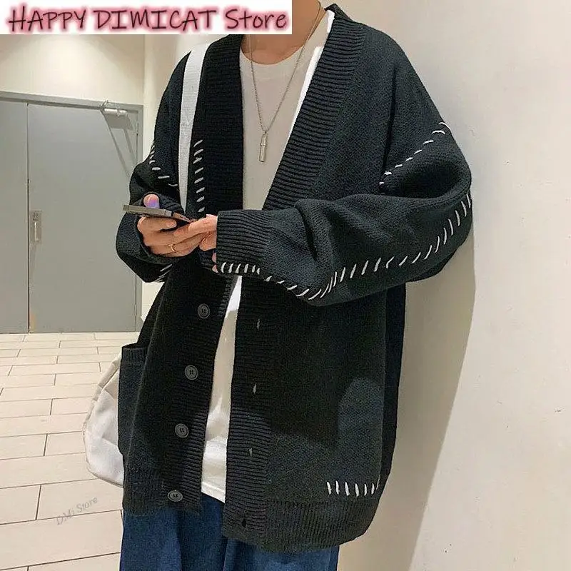 Knitting Outwear Oversize Jumpers Men Cardigans V-neck Baggy Harajuku BF Spliced Black Sweaters Male Handsome Korean Trendy