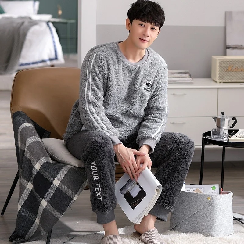 New Coral Velvet Pajamas Men's Winter Long Sleeve  Flannel Thickened Simple Leisure Warm Home Clothes