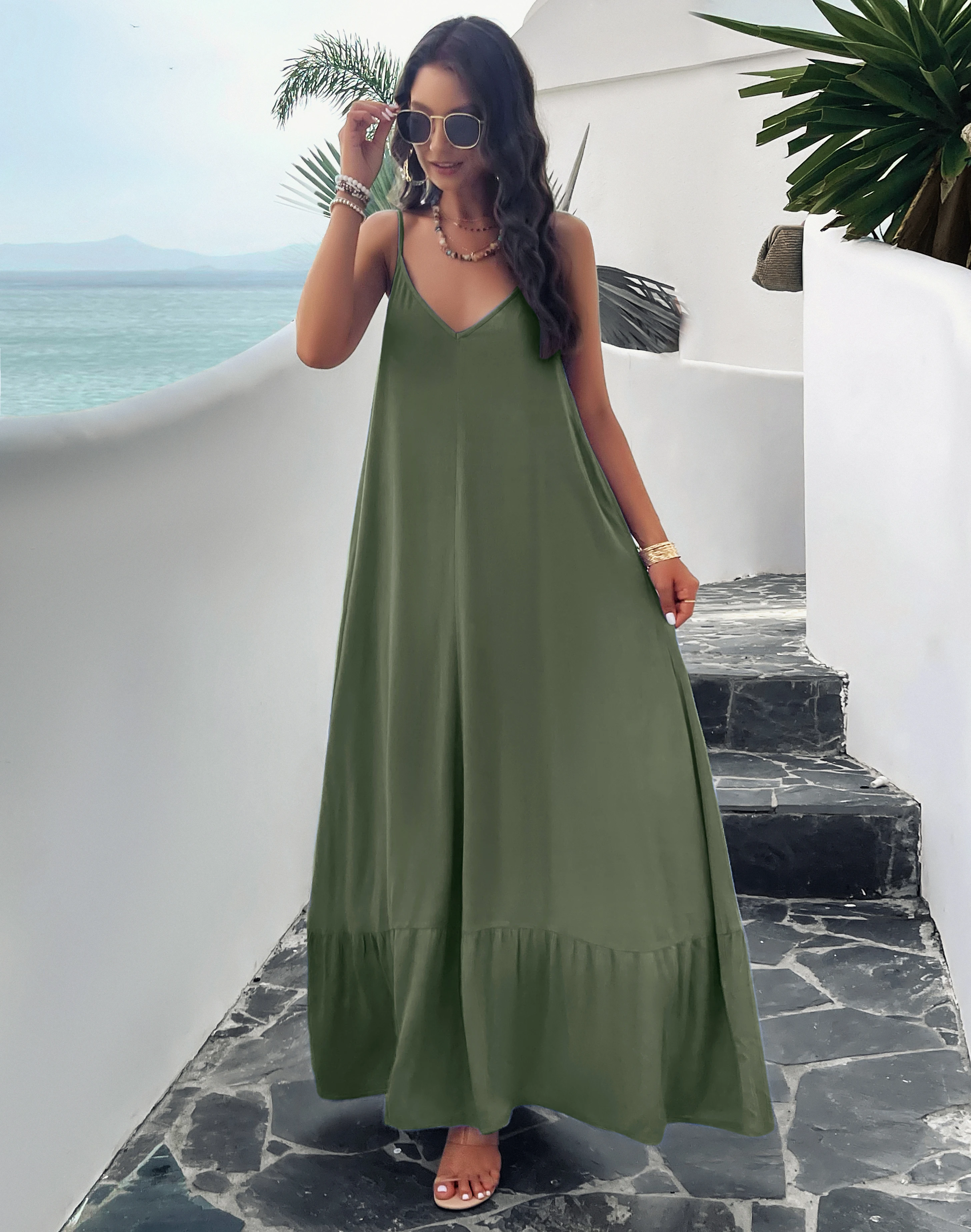 

2024 Summer Solid Color Suspender Dress Sleeveless V-Neck Sexy Beach Long Dresses Bohemian Style Vacation Female Vestidos