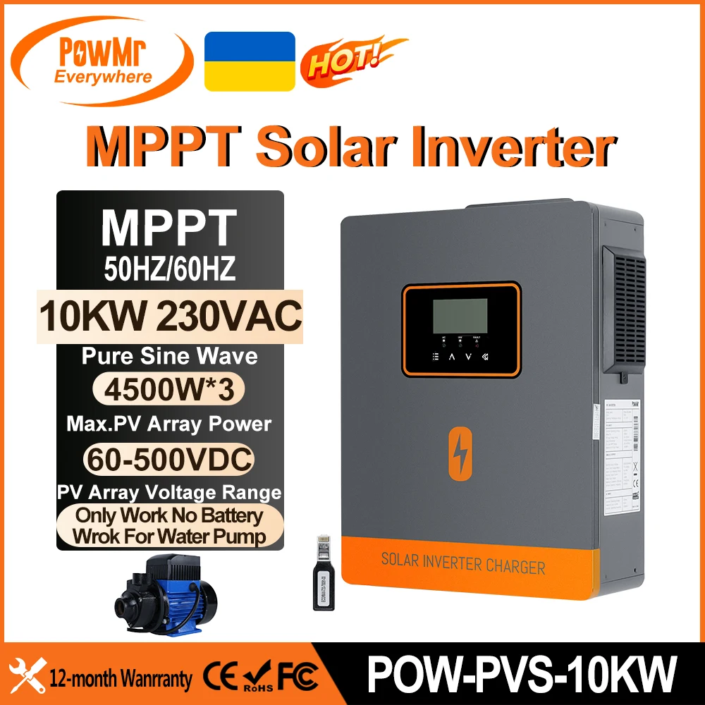 Inverter solari ibridi PowMr 10KW per pompa dell'acqua senza batteria, onda sinusoidale pura 230Vac, pannello solare max 500V, 3 ingressi PV con WIFI