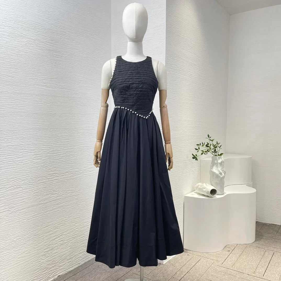 

2024 New Black Pleat Pearls Beading Sleeveless Ruched Backless Women Elegant Midi Dress