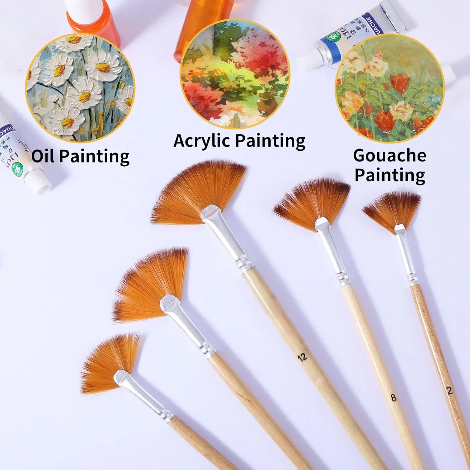 5pcs Paint Brushes Set Fan Brushes Acrylic Paint Brushes Oil Painting Brushes with Nylon Hair Short Wood Handle Painting Brush 6