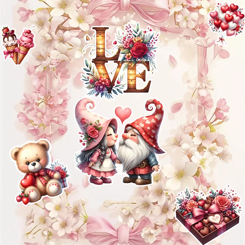 Valentine's Day Stickers Set of 20 Love Heart Gnome Rose Cake Pattern Red Romantic Valentine Stickers