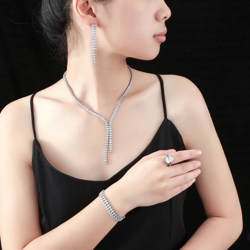 

Exquisite Crystal Tassels Jewelry Sets Ring Earrings Bracelet Necklace For Women Wedding Party Accessories AAA Cubic Zircon Gift