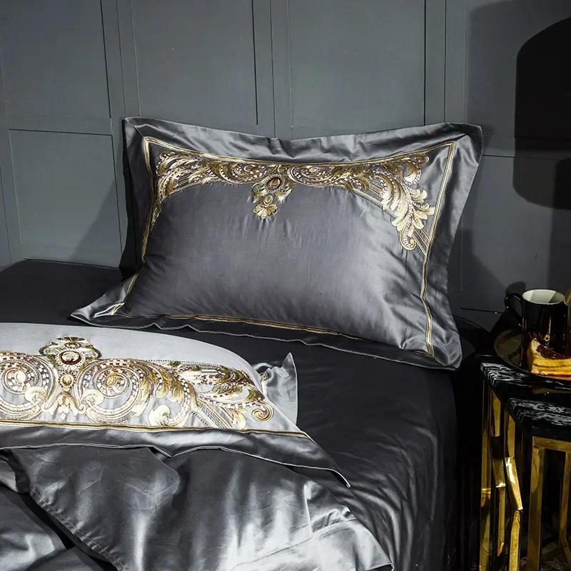 Luxury Gray Red 1000TC Satin Egyptian Cotton Bedding set Gold Royal Embroidery Queen King Duvet Cover Bed Linen/sheet Pillowcase - Image 3