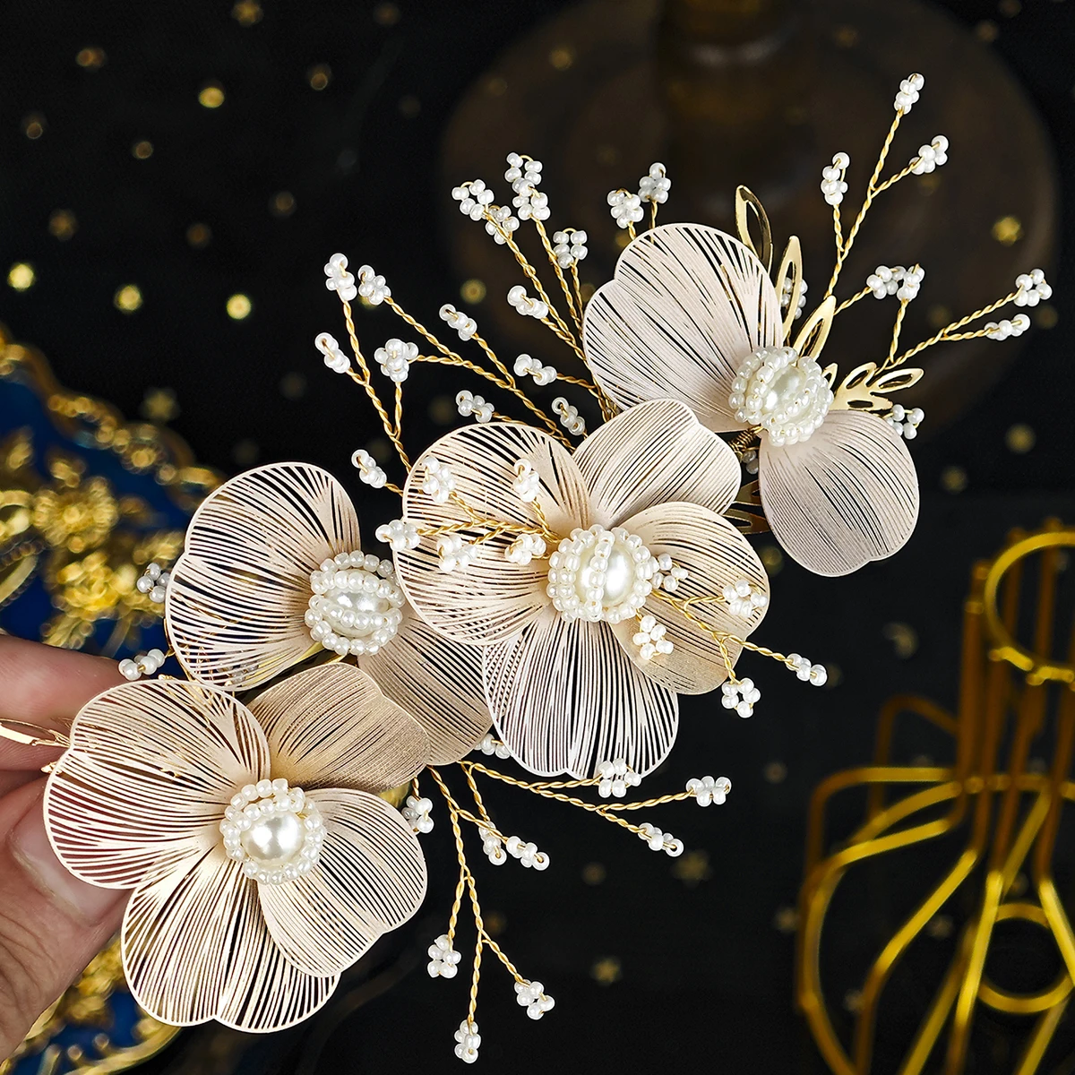 Handgemachte Perlen Stirnband Koreanische Ästhetische Gold Blütenblatt Haarschmuck Set Braut Hochzeit Kopfschmuck Kleid Haarbänder – Detail 12