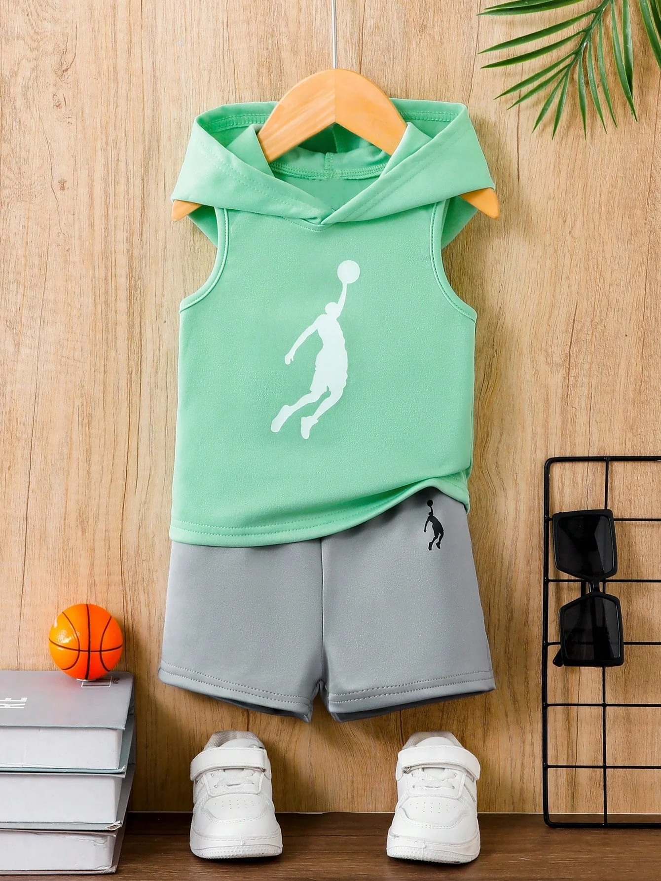 남아용 투피스 민소매 조끼, 후드, 반바지, 아메리칸 스포츠 세트, 농구 프린트..