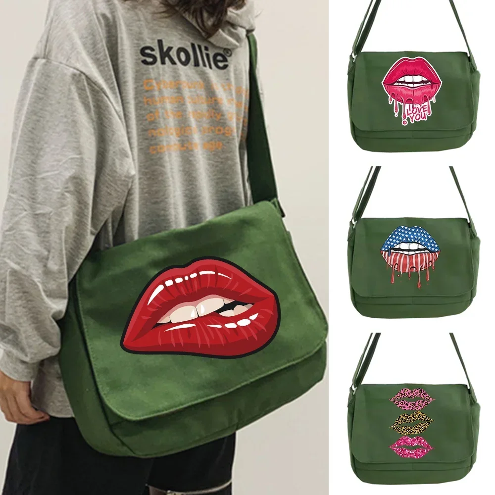 

Boys and Girls Shoulder Canvas Bag Women's for Messenger Bags Casual Version Large Capacity Crossbody Pack Mouth Print Organizer