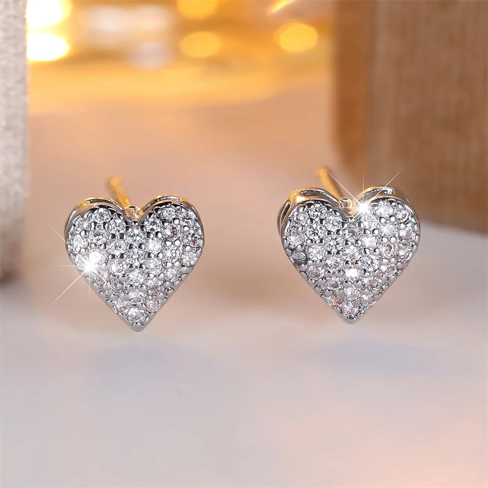 White Zircon Small Round Stone Love Heart Stud Earrings For Women Vintage Gold Silver Color Versatile Jewelry Wedding Party Gift
