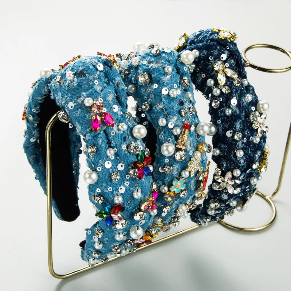 Creative Design Sense Wide Brim Hair Band Female Rhinestone Pearl Alloy Flower Headband High Quality Elegant Hair Accessories luxury rhinestone bling women shoulder bags small high quality diamond tote handbag luxury design half moon purse crossbody bag