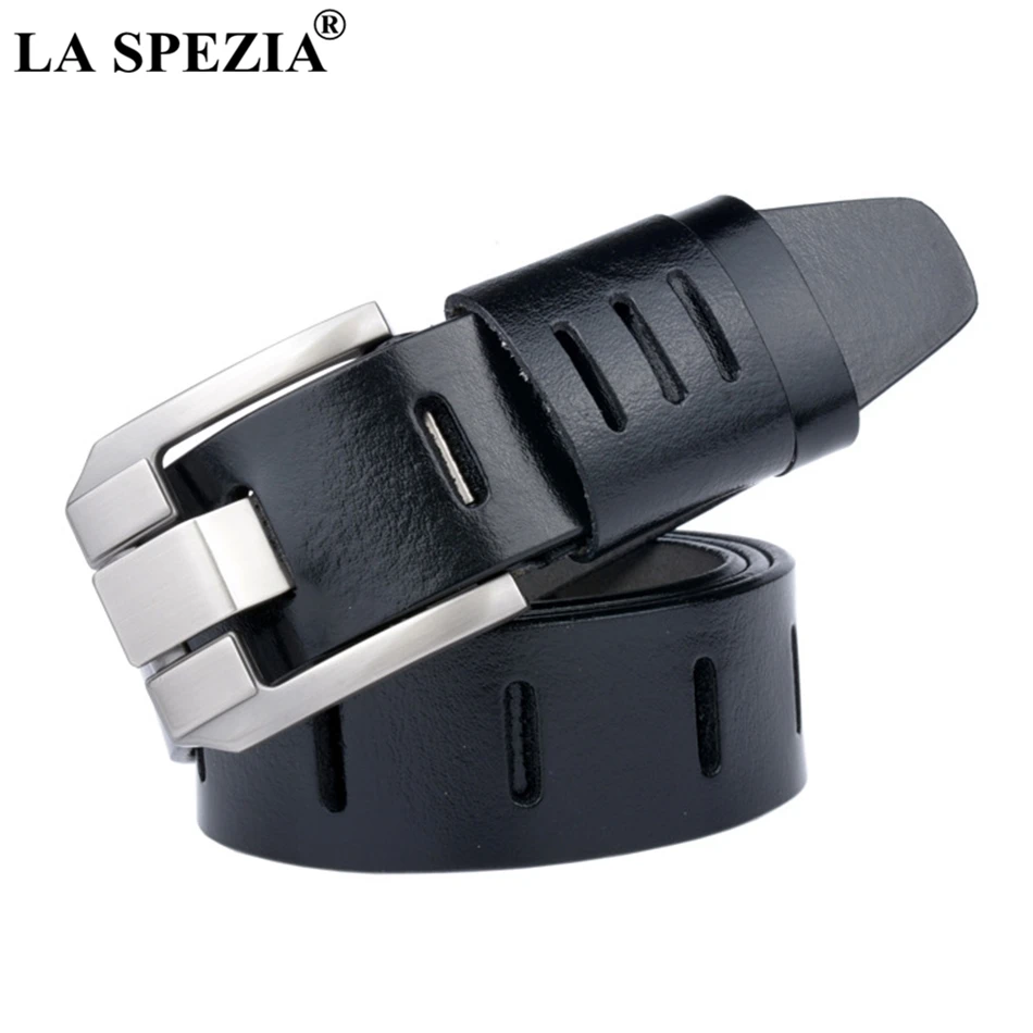 LA SPEZIA Real Leather Belt Men Black Pin Buckle Belt Male Casual Solid Genuine Cowhide Leather Classic Brand Belt For Jeans