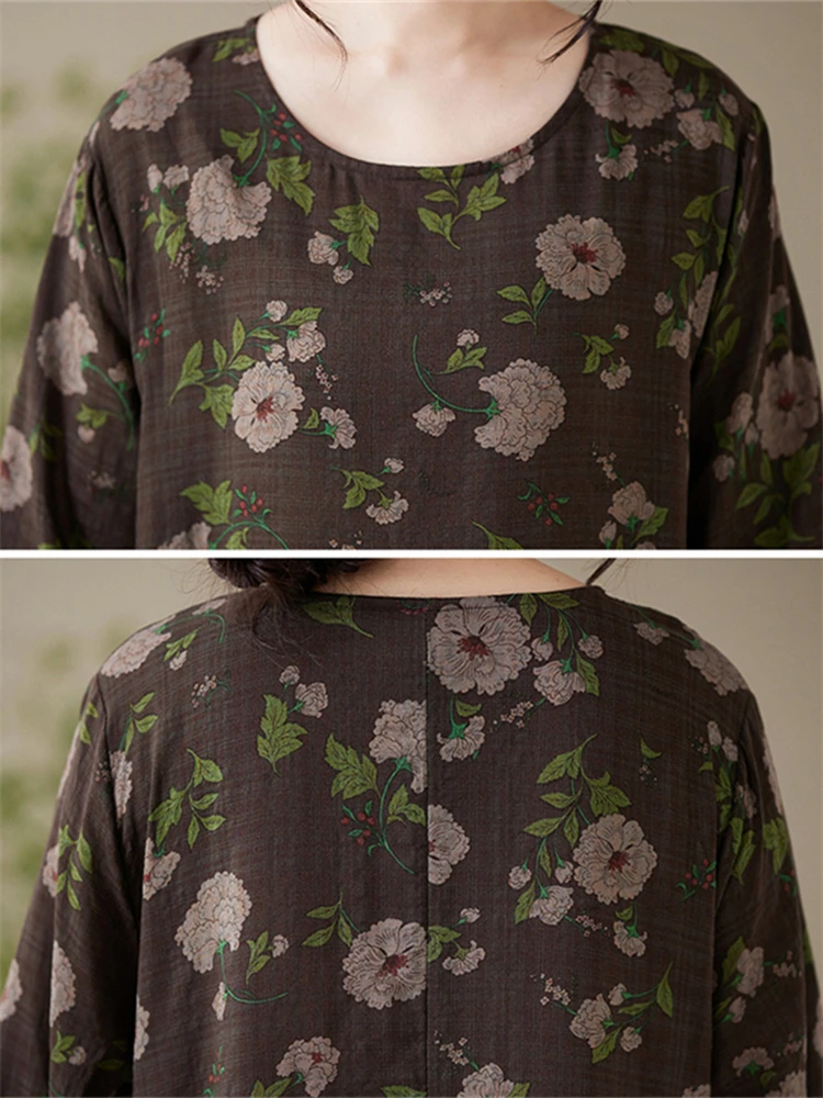 Cotton Vintage Print Long Sleeve Dress Women Autumn Casual Loose Dresses Office Lady Work Femme Robe Vestidos Elegant Clothing