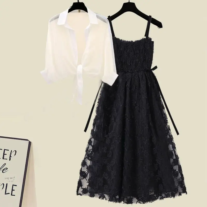 

Women's Dress Set 2023 Summer Vintage Sun-protective Shirt+ Suspender Dress Two-piece Korean Chic New in Matching Suit