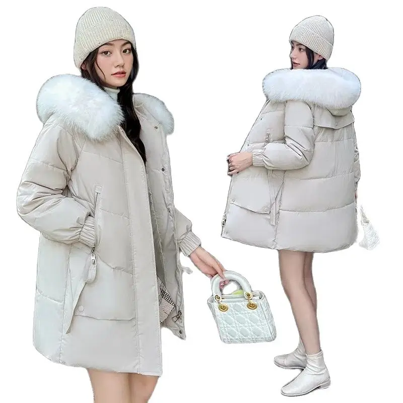 

Fashion Hooded Big Fur Collar Mid Length Winter Jackets Thick Women Parkas Female Cotton Padded Outwear Warm Solid Overcoat 2022
