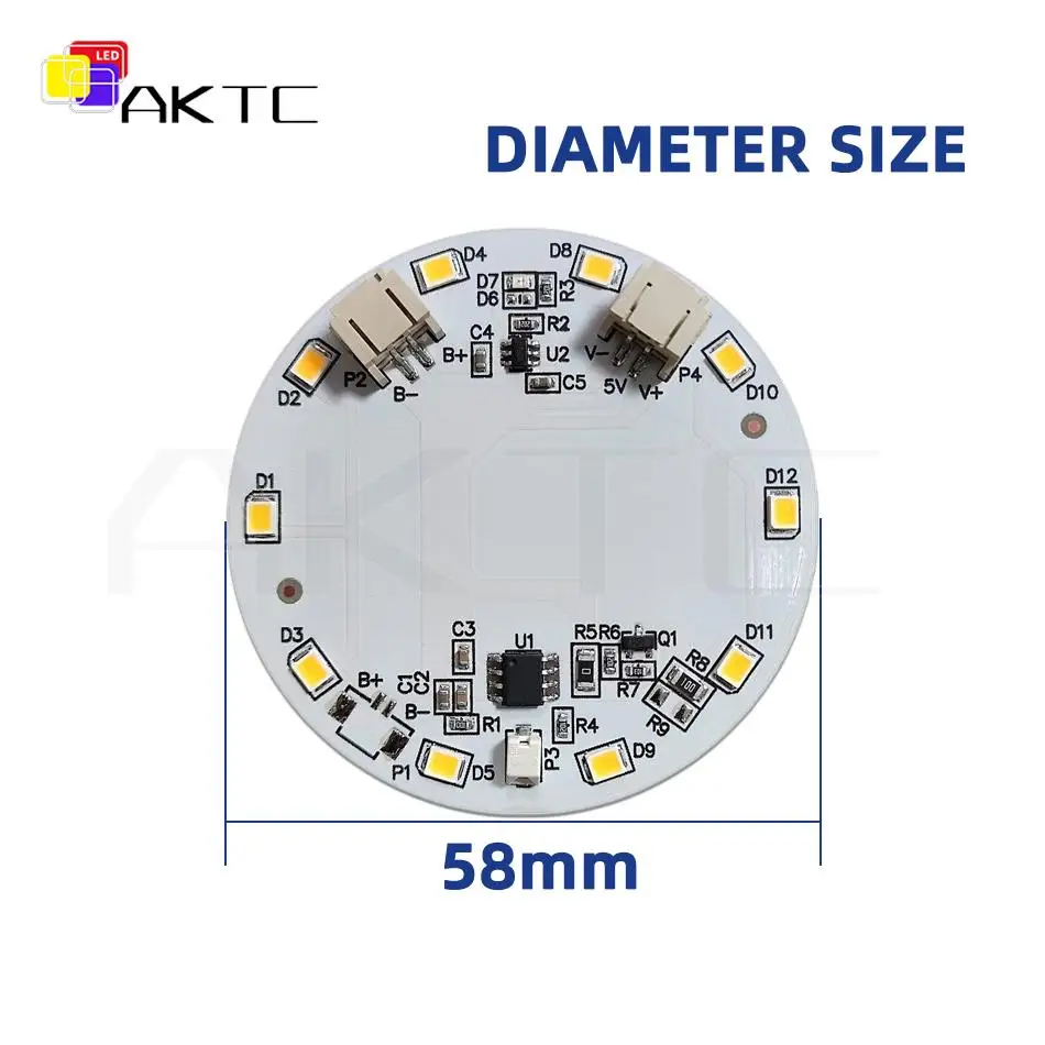 5 Pcs 58mm Round LED Single Color Light Board DC 5V 5W Support Touch Dimming/Charging/Battery Connection PH2.0 Port Welding Free