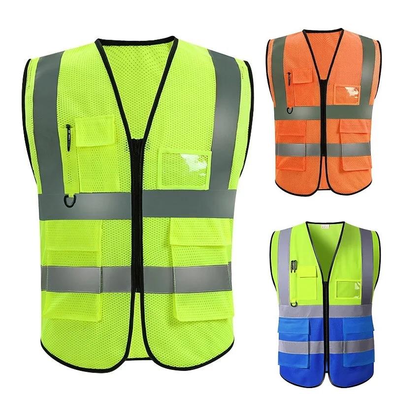 Unisex Summer Safety Vest Security Sleeveless Construction Workwear Zipper Multi-Pockets Running Cycling Work high visibility vest reflective vest safety vest