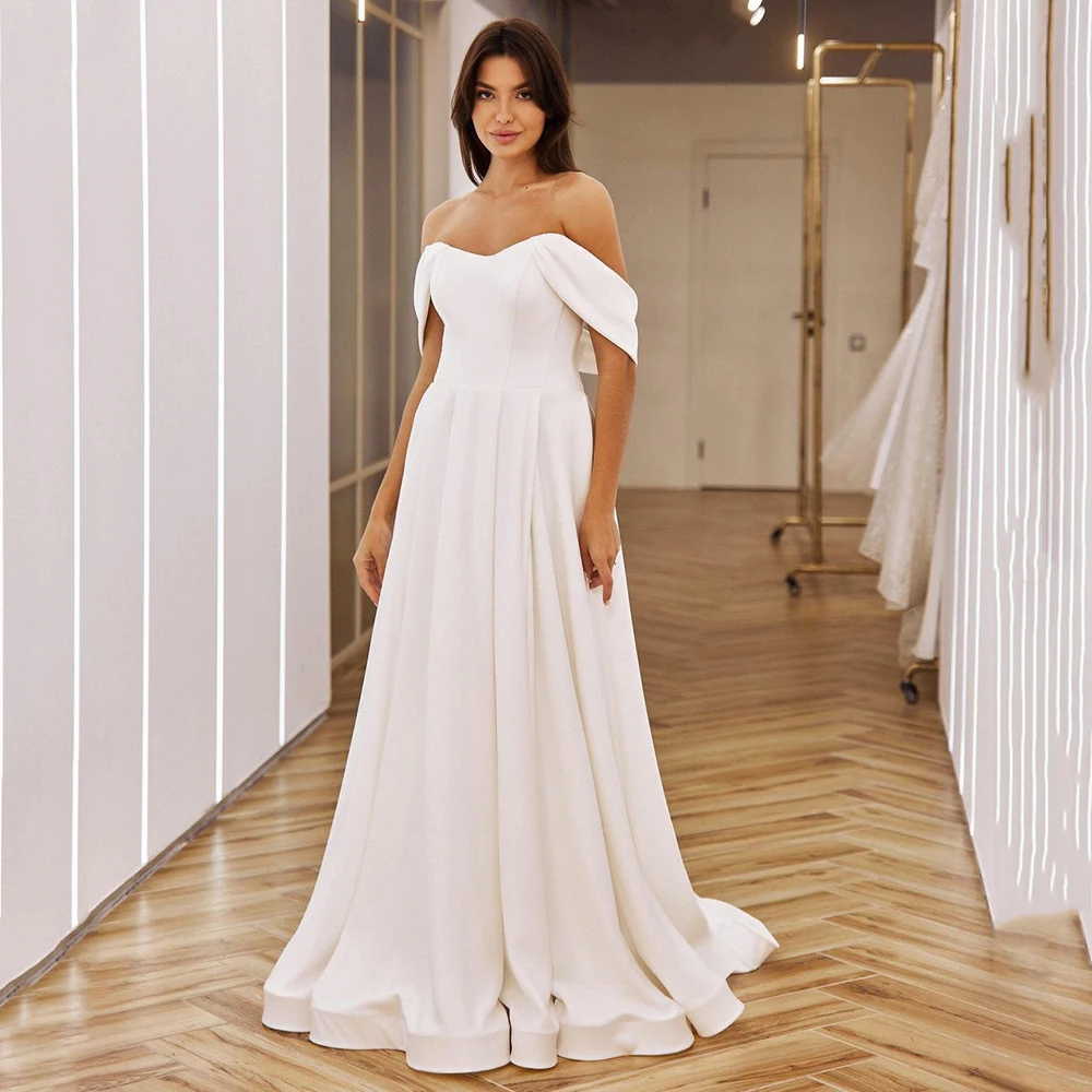 

UZN Elegant White Satin Wedding Dresses Off The Shoulder Long Bridal Gowns Boho Beach A-Line Wedding Prom Gowns Robes De Mariée
