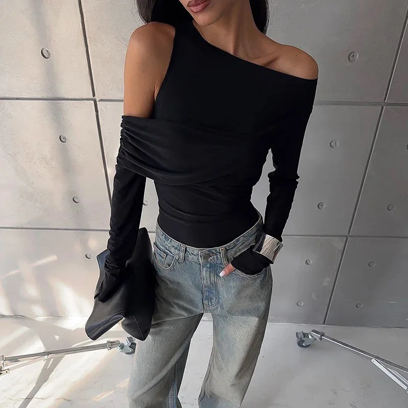 Black Off-Shoulder Long Sleeve T-shirt For Women High Waist Autumn Slim Fashion Pullover Top Ladies Solid Y2k Tee Top