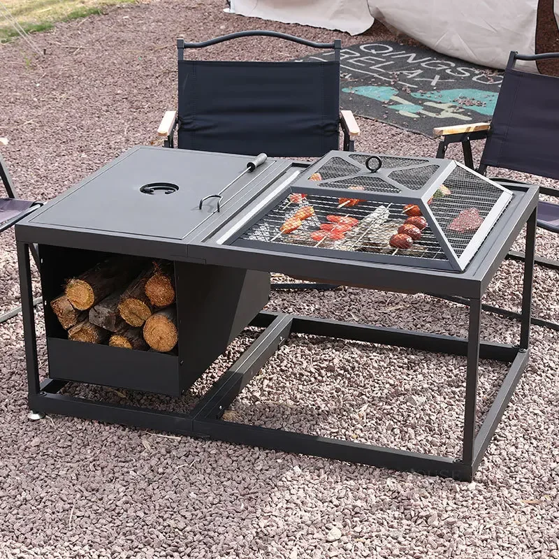 Outdoor Fire Pits Fire Firewood Heater Rectangular Detachable Stove Barbecue Table with Covered Brazier Courtyard Grill Stand