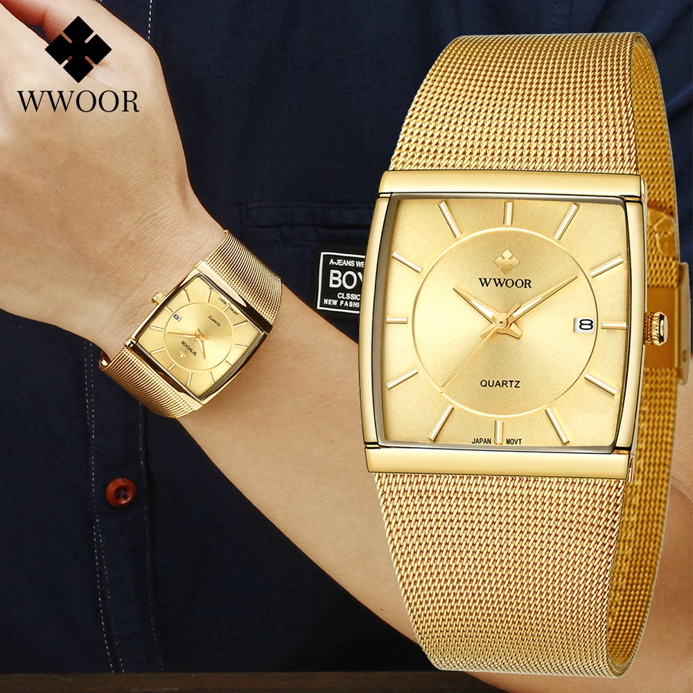 WWOOR Brand Luxury Gold Ultra Thin Quartz Watches For Men Fashion Square Mens Watch Steel Mesh Band Waterproof Date Wrist Watch fashion rhinestone flower square collar high waist thin lighting satin women s dress 2023 summer mesh bow beautiful split dress