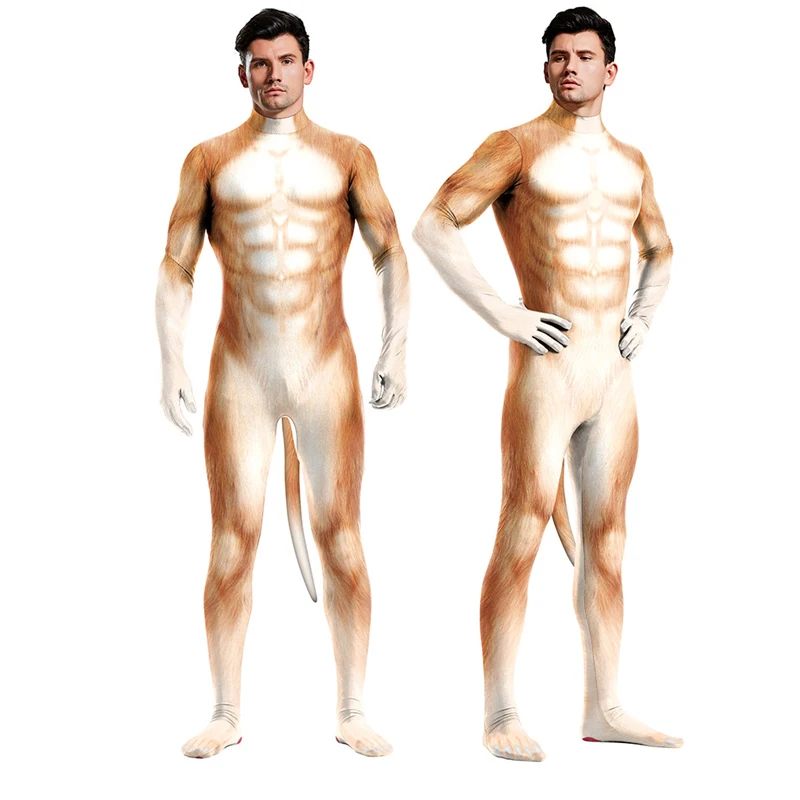 

Carnival Party Unisex Animal Muscles Print Jumpsuits Cosplay Costumes Sexy Elastic Tight Bodysuit Funny With Tail Jumpsuit