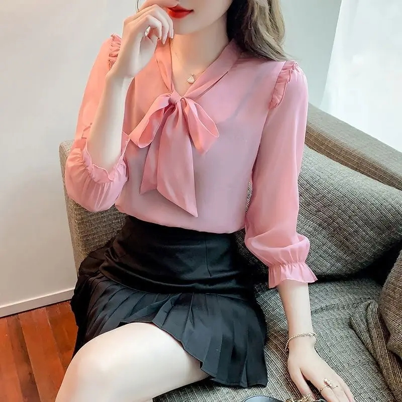 

Bow Chiffon Shirt Ladies Seven-point Sleeve V-neck Blouse New Summer Office Lady Elegant Commute Tops Shirts Blusa