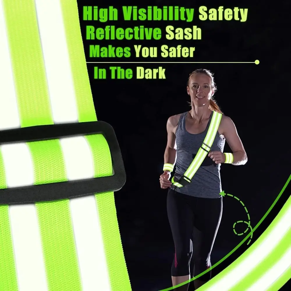 Nylon Night Reflective Waistband Adjustable Arm Strap Green Arm and Leg Straps Legband Visibility Belt for Outdoor Running