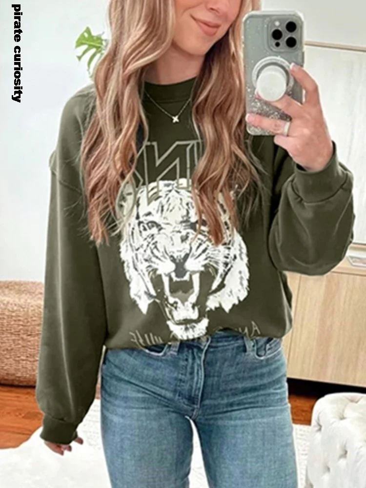 

Tiger Print Sweatshirt For Women Vintage Casual Loose Cotton Letter Sweatshirt 2024 Autumn Winter New Long Sleeve Pullover Tops