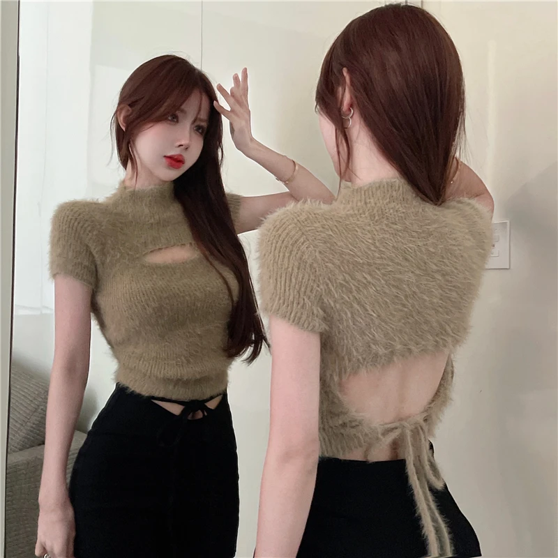 

Футболка женская с открытой спиной, мохеровые Вязаные Короткие Ажурные топы с высоким воротником на шнуровке, в Корейском стиле