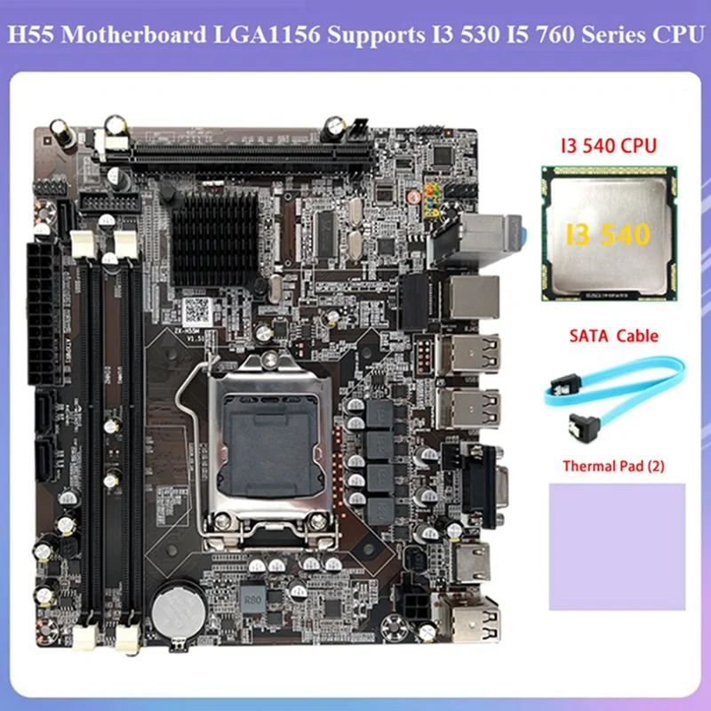

H55 Motherboard Accessories Parts Kits LGA1156 Supports I3 530 I5 760 Series CPU DDR3 Memory+I3 540 CPU+SATA Cable+Thermal Pad