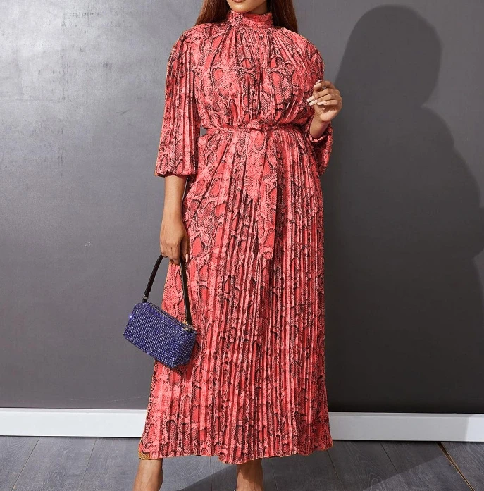 

Women's Fashion Printed Pleated Lace Up Dress Temperament Commuting New Spring 2024 Women Elegant A-Line Dresses