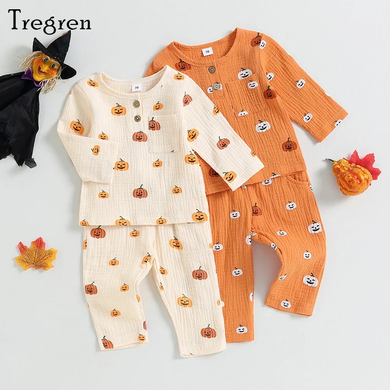 

Tregren 0-3Y Toddler Girls Pajamas Sets Fall Long Sleeve Pumpkin Print Button Top Drawstring Pants Cotton Linen Halloween Outfit