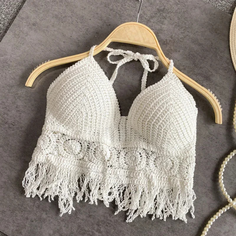 2024Sexy Beach Holiday Camisole Halter Women Crochet Knit Swimsuit Bra Backless Vest Hollow Tassel Tank Top Women's Crop Tops