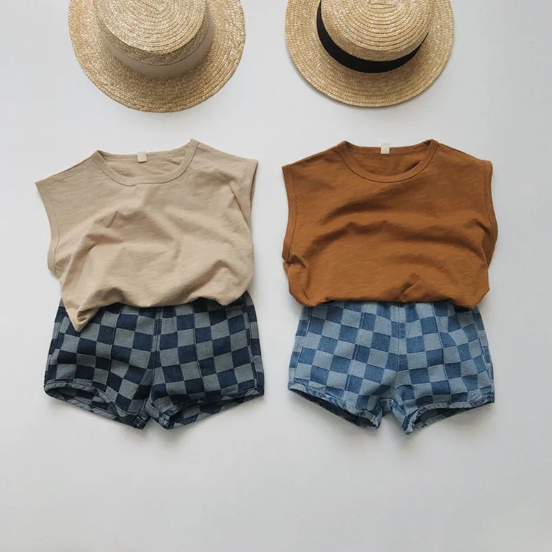 Denim Kids Shorts Summer Checkered Comfortable