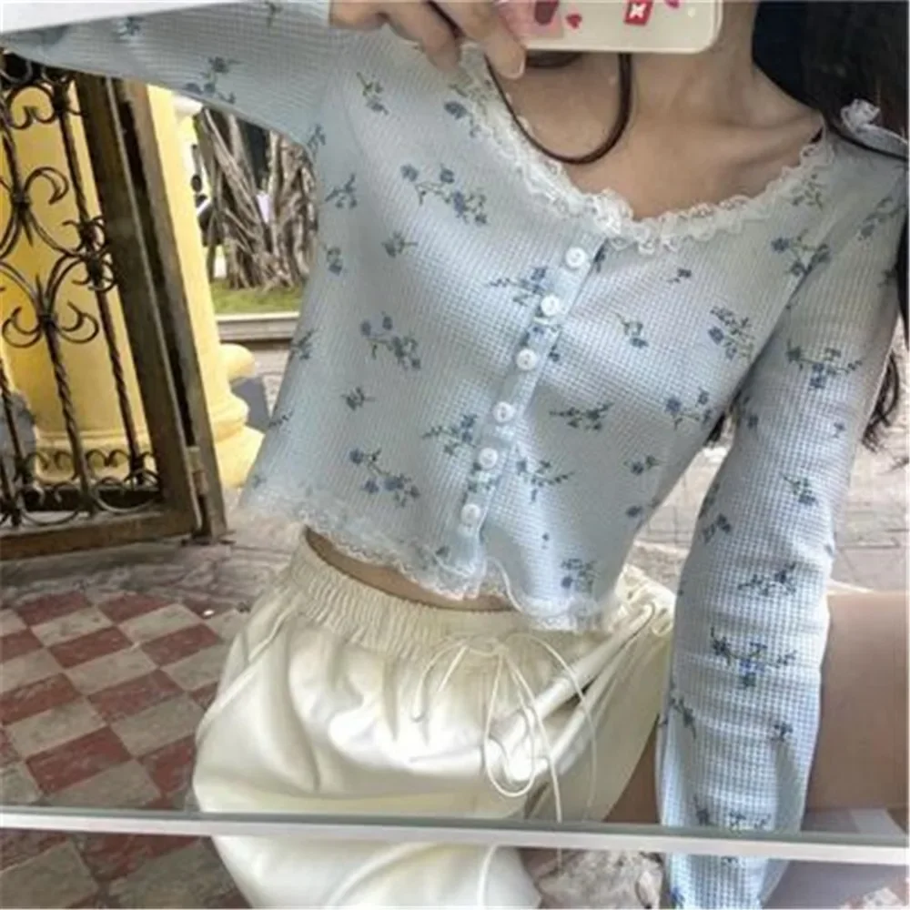 여성용 귀여운 크롭탑 디자인 패치워크 레이스 꽃 가디건, 부드러운 학생 올매치 레트로 싱글 브레스트, 한국 스타일