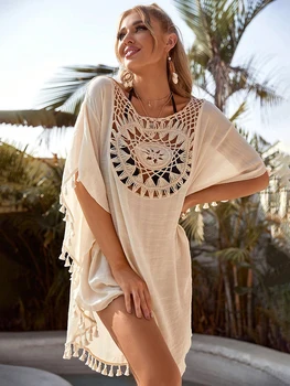 Beach Cover Up Women Knitted Sunflower Beach Wear Fringe Tunic Ladies Bathing Suit Cover-ups Bikini Ups Bathing Suit Beachwear