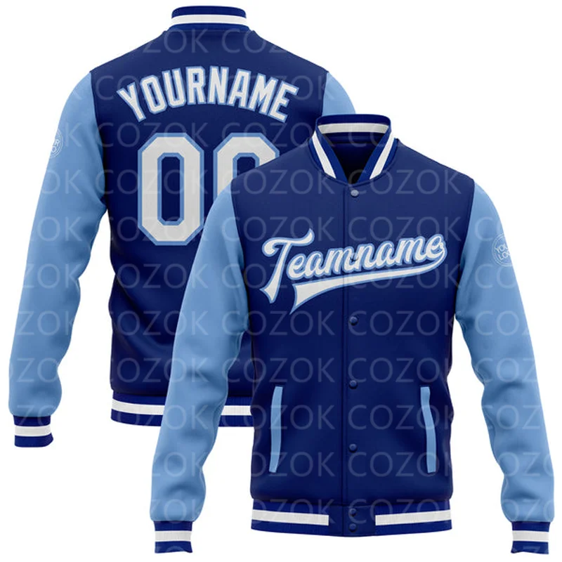 Custom Sapphire blue 3D Printed Baseball Button Jacket Bomber Full-Snap Varsity Letterman Jacket