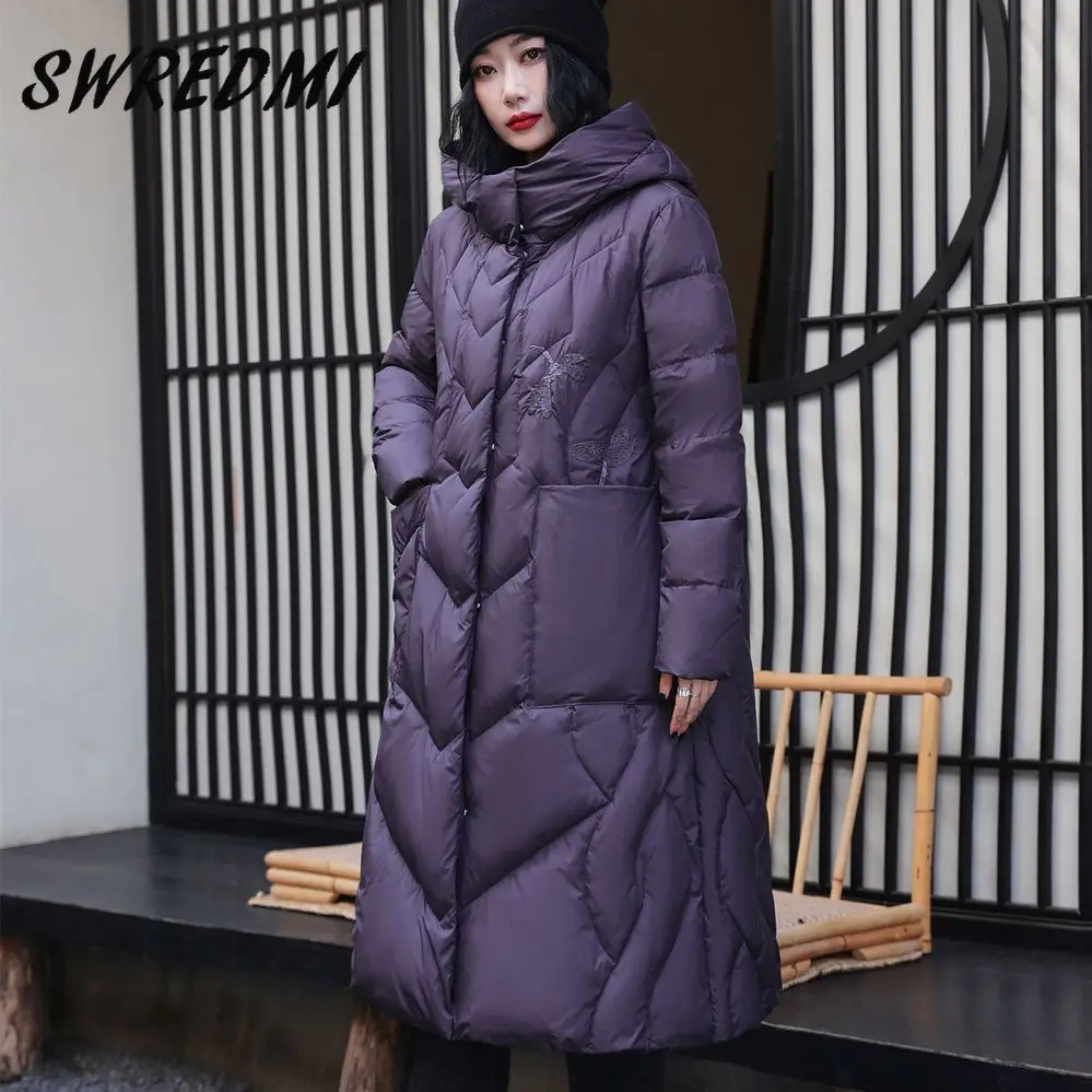 

Oversized Loose Long Coat Winter White Duck Down Jacket Women Snow Outwear Clothes New Indie Folk Hooded Down Clothing