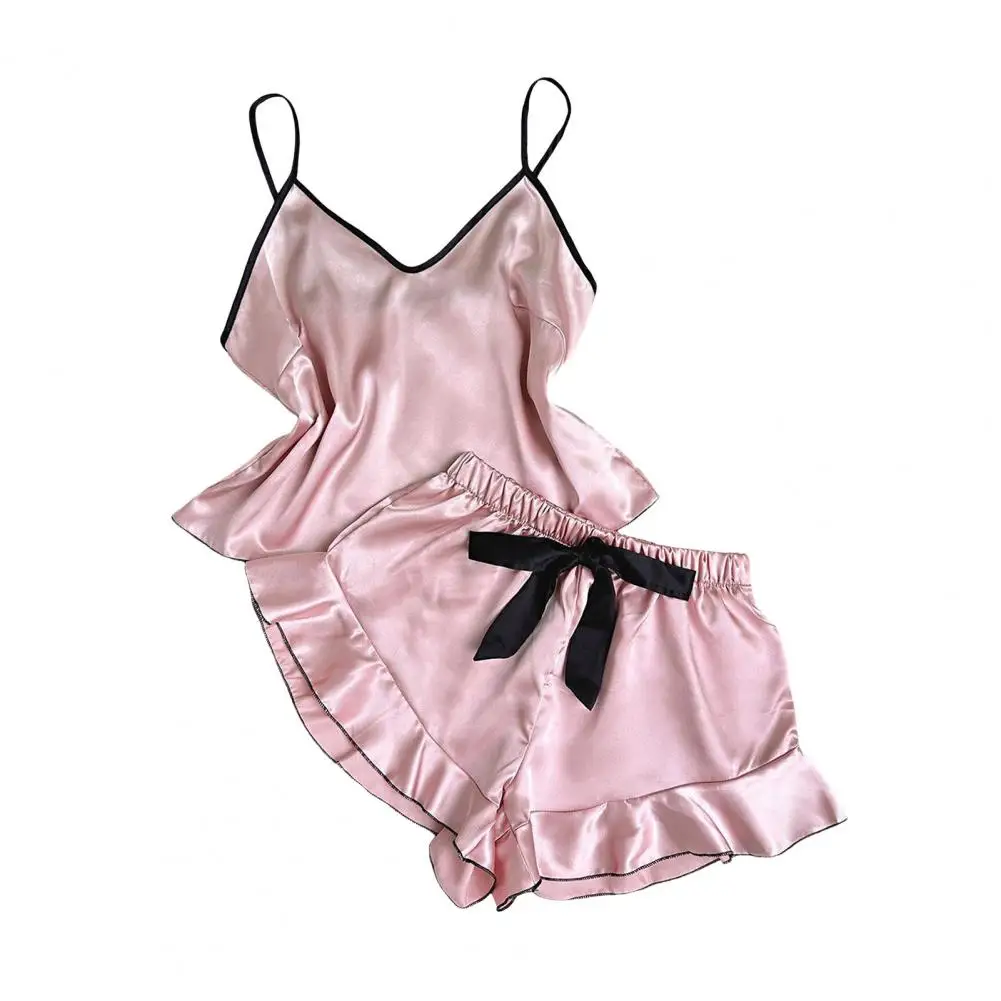 Women Strappy Top Elegant Satin Women's Pajamas Set with Spaghetti Strap Top Backless V Neck Design Ruffle Pleated for Comfort