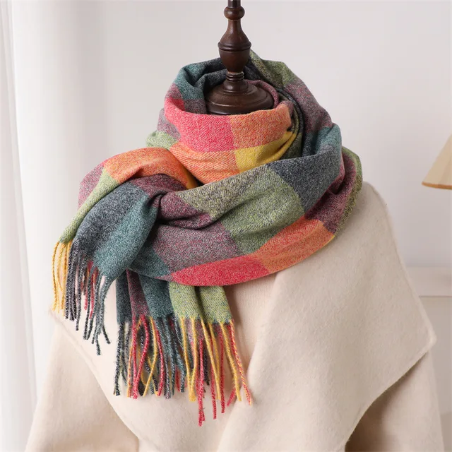 Luxury Rainbow Color Plaid Designer Winter Scarf Women Cashmere Shawl Outdoor Blanket Neckerchief Wrap Pashmina Tassel Warm Lady