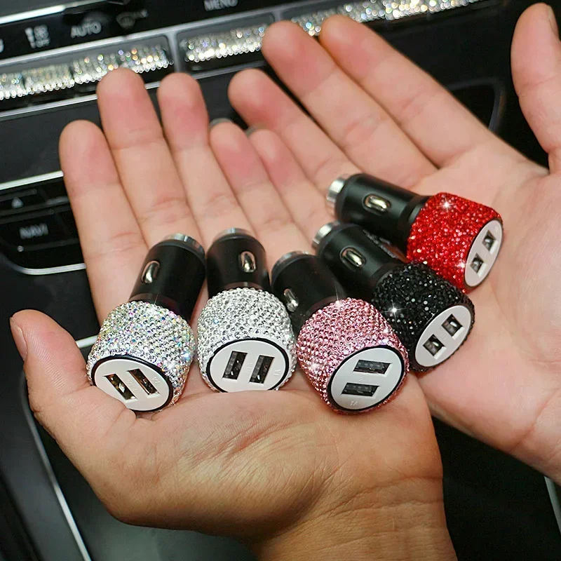 Dual USB Car Charger - 5V 2.1A Fast Adapter Diamond Styling for Women & Motorcycle Use