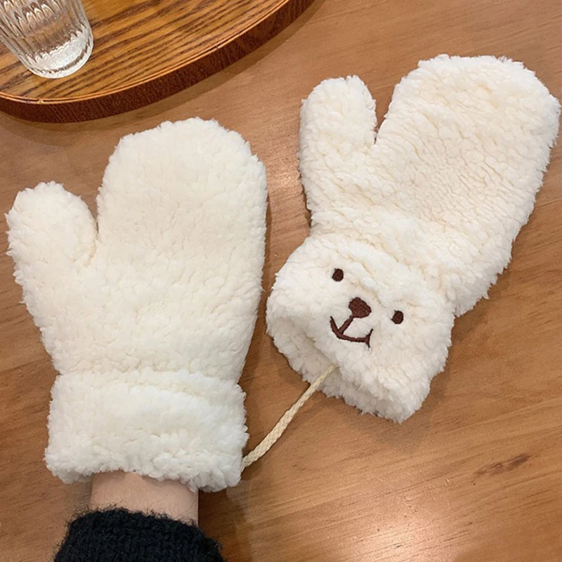 Plush Cute Bear White Gloves Plush Thickened Winter Keep Warm Outdoor Ride Cold Windproof Mittens Hanging Neck Christmas Gifts