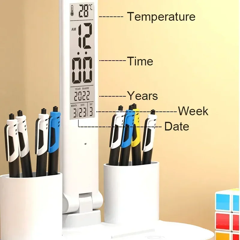 LED Desk Lamp USB Dimmable Touch Foldable Table Lamp with Calendar Temperature Clock Night Light for Study Reading Lamp 3
