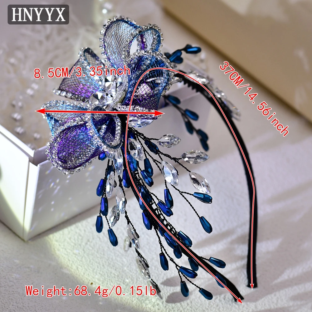 HNYYX Vintage Blue Crystal Hair Accessories Flower Mesh Headband Baroque Fashion Headpieces for Women Bridal Jewelry Gift A220