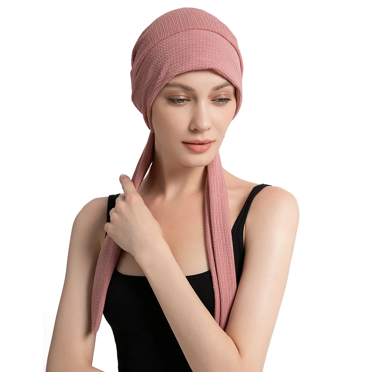 

Muslim Women Stretch Solid Wrinkle Turban Hat Cancer Chemo Beanies Caps Pre-Tied Scarf Headwear Headwrap Plated Hair Accessories