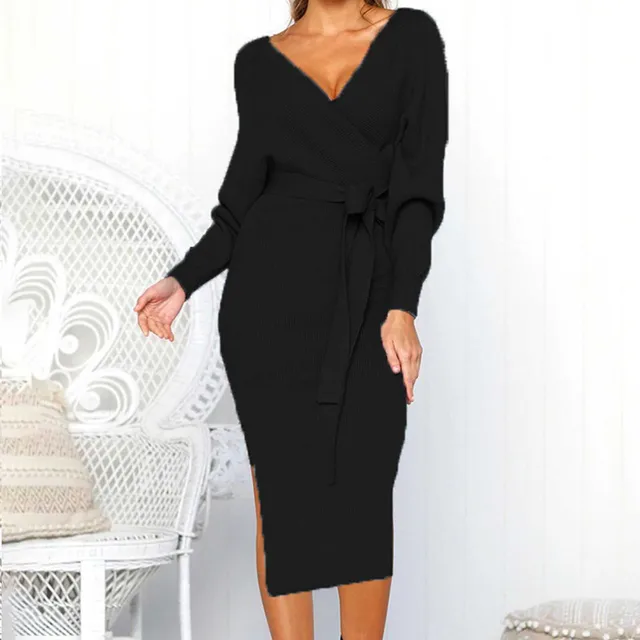 Knitted Sweater Dress Women Wrap Belted Tunic Midi Vestidos Long Sleeve V Neck Split Casual Autumn Winter Office Lady Dresses 3